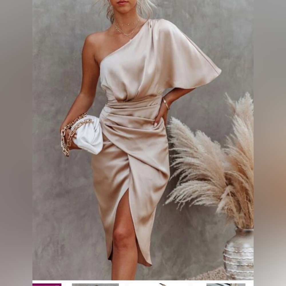 Persimmon One Shoulder Satin Dress - Champagne